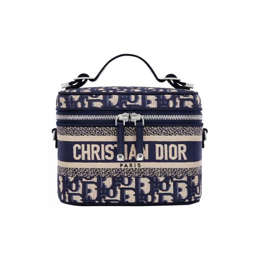 디올 스몰 트래블 베니티 케이스 블루 디올 오블리크 자수 S5529VRIW-M928 #18.5*10.5*13.5cm