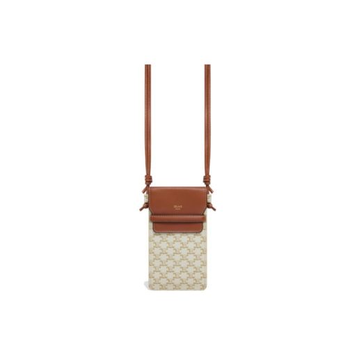 셀린느 트리옹프 캔버스 & 램스킨 플랩 폰 파우치 화이트 탄 10G332CQD-01TA #10*1*18cm
